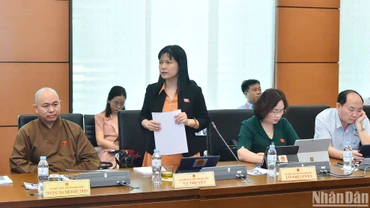 Đại biểu Tạ Thị Yên - Đoàn đại biểu Quốc hội tỉnh Điện Biên phát biểu tại buổi thảo luận tổ. (Ảnh: THỦY NGUYÊN) 