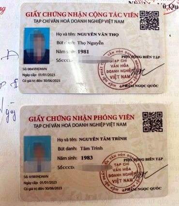 Giấy chứng nhận phóng viên và cộng tác viên Tạp chí Văn hóa doanh nghiệp Việt Nam của 2 nghi can.
