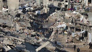 Những tòa nhà bị phá hủy do xung đột tại Dải Gaza. (Ảnh: THX/TTXVN)