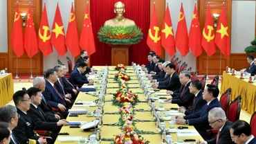 Quang cảnh hội đàm tại giữa Tổng Bí thư Tô Lâm và Tổng Bí thư, Chủ tịch Trung Quốc Tập Cận Bình tại Trụ sở Trung ương Đảng. (Ảnh: ĐĂNG KHOA) 