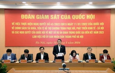 Phó Chủ tịch Quốc hội Nguyễn Đức Hải - Trưởng Đoàn giám sát của Quốc hội giám sát việc thực hiện Nghị quyết số 43/2022/QH15, làm việc với Ủy ban nhân dân thành phố Hà Nội chiều 12/3/2024. Nguồn: quochoi.vn 