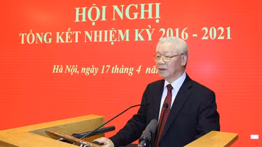 Tổng Bí thư Nguyễn Phú Trọng phát biểu tại Hội nghị tổng kết hoạt động nhiệm kỳ 2016-2021, bàn phương hướng, nhiệm vụ công tác nhiệm kỳ 2021-2026 của Hội đồng Lý luận Trung ương. (Ảnh: tapchicongsan.org.vn)