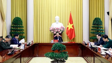 Chủ tịch nước Võ Văn Thưởng chủ trì Phiên họp thứ tư Hội đồng Quốc phòng và An ninh nhiệm kỳ 2021-2026. (Ảnh: TTXVN) 
