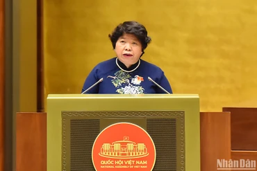 Chủ nhiệm Ủy ban Xã hội Nguyễn Thúy Anh trình bày báo cáo thẩm tra dự án Luật Bảo hiểm xã hội (sửa đổi). (Ảnh: THỦY NGUYÊN)