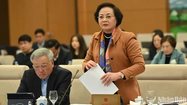 Bộ trưởng Nội vụ Phạm Thị Thanh Trà trình bày tờ trình của Chính phủ tại phiên họp. (Ảnh: DUY LINH)