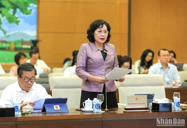 Thống đốc Ngân hàng Nhà nước Nguyễn Thị Hồng trình bày Tờ trình của Chính phủ về dự thảo Luật Các tổ chức tín dụng (sửa đổi) trong phiên họp chiều 9/5. (Ảnh: DUY LINH) 