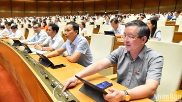 Các đại biểu Quốc hội biểu quyết thông qua Luật Lưu trữ (sửa đổi). (Ảnh: THỦY NGUYÊN)