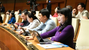 Đại biểu Quốc hội biểu quyết thông qua Nghị quyết về chủ trương đầu tư Chương trình mục tiêu quốc gia về phát triển văn hóa giai đoạn 2025-2035. (Ảnh: DUY LINH)