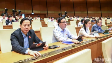 Đại biểu Quốc hội biểu quyết thông qua Luật Phòng cháy, chữa cháy và cứu nạn, cứu hộ. (Ảnh: DUY LINH)