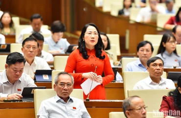 Đại biểu Nguyễn Thị Thủy (đoàn Bắc Kạn) phát biểu ý kiến tại hội trường sáng 28/5. (Ảnh: THỦY NGUYÊN)