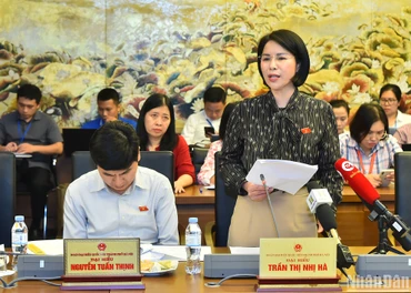 Đại biểu Trần Thị Nhị Hà (đoàn Hà Nội) phát biểu trong phiên thảo luận tại tổ về dự án Luật Bảo hiểm xã hội (sửa đổi) chiều 2/11. (Ảnh: THỦY NGUYÊN)