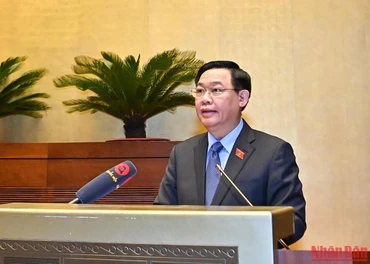 Chủ tịch Quốc hội Vương Đình Huệ phát biểu bế mạc Hội nghị triển khai Chương trình giám sát của Quốc hội năm 2023, sáng 27/9.