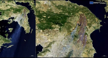 Hình ảnh từ vệ tinh Sentinel-2 thuộc chương trình Copernicus của Liên minh châu Âu cho thấy đám cháy rừng tại Hy Lạp ngày 12/8/2024. (Ảnh: Reuters)