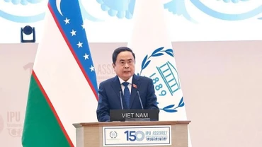 Chủ tịch Quốc hội Trần Thanh Mẫn phát biểu tại Phiên thảo luận chung IPU-150. (Ảnh: TTXVN)
