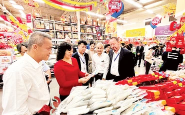 Lãnh đạo Bộ Công thương khảo sát tình hình hàng hóa phục vụ Tết Nguyên đán Ất Tỵ 2025 tại một siêu thị ở Thành phố Hồ Chí Minh. (Ảnh CTV)