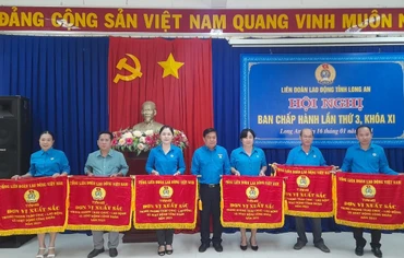 Chủ tịch Liên đoàn Lao động trao Cờ thi đua của Tổng Liên đoàn Lao động Việt Nam cho 6 tập thể công đoàn cơ sở.