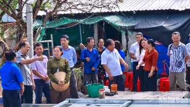Bí thư Tỉnh ủy Cà Mau Nguyễn Hồ Hải (chỉ tay) kiểm tra tiến độ xóa nhà tạm, nhà dột nát vào sáng 26/3.