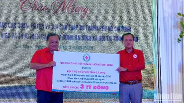 Đại diện Hội Chữ thập đỏ Thành phố Hồ Chí Minh (bên phải) trao hỗ trợ 3 tỷ đồng cho đại diện Hội Chữ thập đỏ Cà Mau.