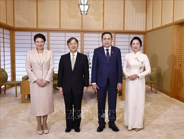Chủ tịch Quốc hội Trần Thanh Mẫn và Phu nhân hội kiến Nhà vua Naruhito cùng Hoàng hậu Masako. Ảnh: Doãn Tấn/TTXVN
