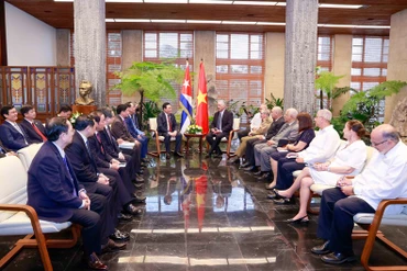 Chủ tịch Quốc hội Vương Đình Huệ hội kiến Chủ tịch nước Cộng hòa Cuba Miguel Diaz-Canel. (Ảnh: TTXVN)