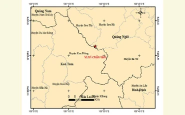 Bản đồ chấn tâm động đất tại huyện Sơn Hà (Quảng Ngãi).