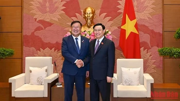 Chủ tịch Quốc hội Vương Đình Huệ và Chủ tịch nhóm Nghị sĩ hữu nghị Hàn Quốc-Việt Nam Kim Tae-nyeon tại buổi tiếp. (Ảnh: DUY LINH)