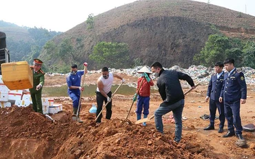 Lực lượng chức năng tỉnh Yên Bái tiêu hủy 7.560kg tràng trứng gà non đông lạnh không rõ nguồn gốc. 