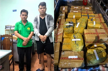 Đối tượng Nguyễn Tiến Khải và Nguyễn Văn Sang cùng tang vật pháo nổ trái phép.