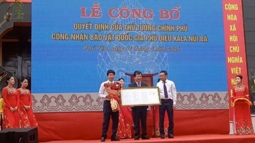 Lãnh đạo tỉnh Phú Yên trao quyết định của Thủ tướng Chính phủ công nhận bảo vật quốc gia Phù điêu Kala núi Bà cho lãnh đạo Sở Văn hóa, thể thao và du lịch và Bảo tàng tỉnh.