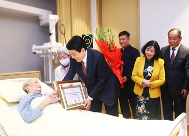 Thay mặt Lãnh đạo Đảng, Nhà nước, Chủ tịch nước Lương Cường trao Huy hiệu 65 năm tuổi Đảng tặng đồng chí Trần Đức Lương, nguyên Uỷ viên Bộ Chính trị, nguyên Chủ tịch nước. Ảnh: Lâm Khánh - TTXVN