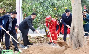 Bí thư Thành ủy Hà Nội Đinh Tiến Dũng và các đại biểu tham gia trồng cây tại phường Định Công.