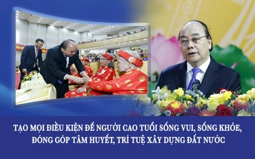 Chủ tịch nước Nguyễn Xuân Phúc phát biểu tại Lễ phát động hưởng ứng Tháng hành động vì người cao tuổi Việt Nam 2022. (Ảnh: Phạm Hà)