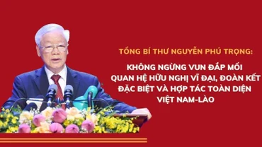 Tổng Bí thư Nguyễn Phú Trọng đọc diễn văn tại Lễ kỷ niệm 60 năm Ngày thiết lập quan hệ ngoại giao Việt Nam-Lào. (Ảnh: ĐĂNG KHOA)