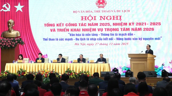 Hội nghị toàn quốc tổng kết công tác năm 2025, nhiệm kỳ 2021-2025 và triển khai nhiệm vụ trọng tâm năm 2026 của Bộ Văn hóa, Thể thao và Du lịch, tổ chức ngày 27/12. (Ảnh: Bộ Văn hóa, Thể thao và Du lịch cung cấp)