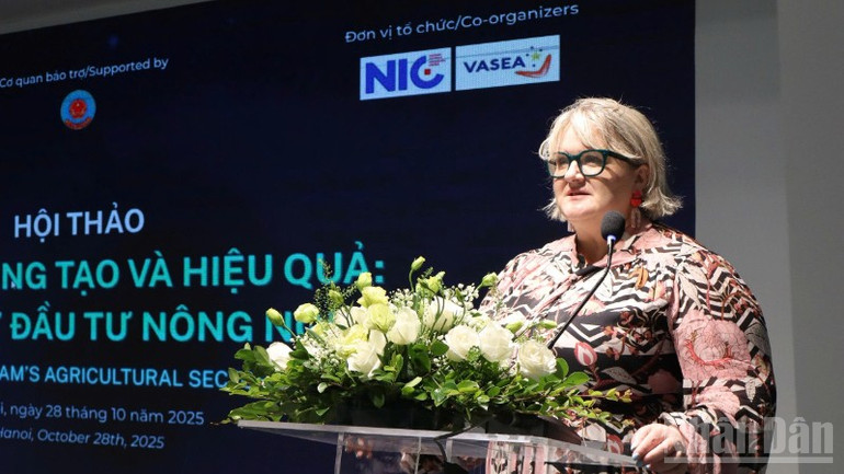 Giáo sư Janine O’Flynn, Giám đốc Trường Chính sách công Crawford (Đại học Quốc gia Australia) chia sẻ tại hội thảo. ndo_br_a3-6486.jpg
