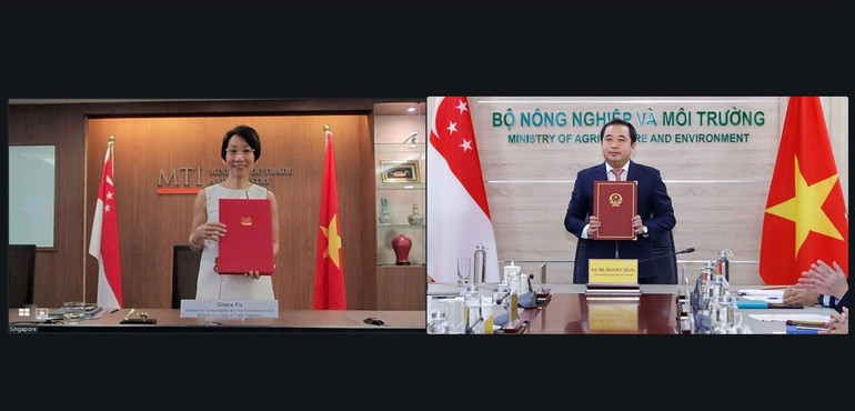 Lễ ký kết được tổ chức trực tuyến giữa Quyền Bộ trưởng Nông nghiệp và Môi trường Việt Nam Trần Đức Thắng và Bộ trưởng Môi trường và Bền vững kiêm Bộ trưởng phụ trách Quan hệ thương mại Singapore Grace Fu. thoa-thuan.jpg
