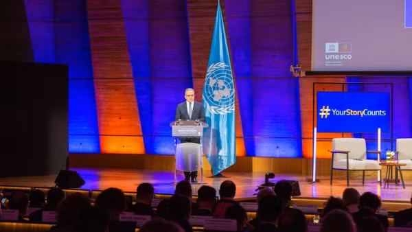 UNESCO công bố Báo cáo Giám sát Giáo dục toàn cầu năm 2026 tại trụ sở ở Paris ngày 25/3/2026. (Ảnh: UNESCO)