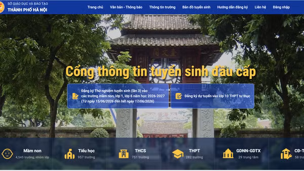 Giao diện Cổng tuyển sinh đầu cấp của thành phố Hà Nội, một trong những kênh tra cứu điểm thi vào lớp 10 chính thức của Sở Giáo dục và Đào tạo Hà Nội