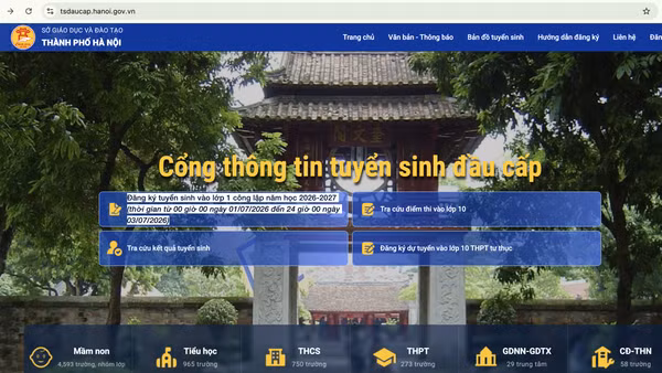 Giao diện Cổng thông tin tuyển sinh đầu cấp của thành phố Hà Nội.