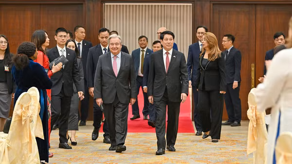 Chủ tịch nước Lương Cường và Tổng Thư ký Liên hợp quốc Antonio Guterres tới dự chiêu đãi.