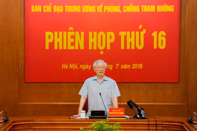 Tổng Bí thư, Chủ tịch nước Nguyễn Phú Trọng phat biểu tại phiên họp thứ 16, Ban Chỉ đạo Trung ương về phòng chống tham nhũng, ngày 26/7/2019. Ảnh: Đăng Khoa