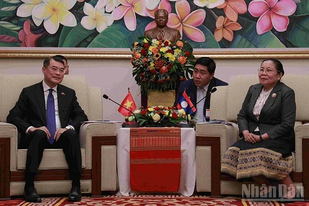 Đồng chí Lê Minh Hưng trao đổi với Trưởng Ban Tổ chức Trung ương Đảng Nhân dân Cách mạng Lào. (Ảnh: DUY TOÀN)