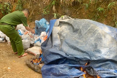 Công an xã Thạnh Bình tiêu hủy các công cụ được phát hiện tại khu vực khai thác vàng trái phép.