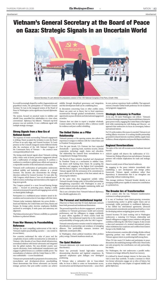 B&agrave;i viết đăng tr&ecirc;n tờ Thời b&aacute;o Washington số ra ng&agrave;y 19/2. (Ảnh: TTXVN)