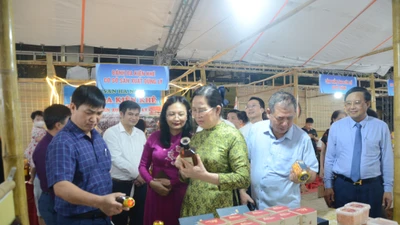 Các đồng chí lãnh đạo tỉnh Hà Nam tham quan các sản phẩm OCOP được trưng bày tại hội chợ trưng bày và giới thiệu sản phẩm OCOP.