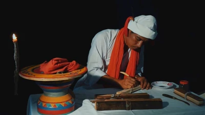Phó Cả sư Nại Cao Liêm đang thực hiện công đoạn khắc chữ trên lá buông. (Ảnh: NGỌC XIÊM)