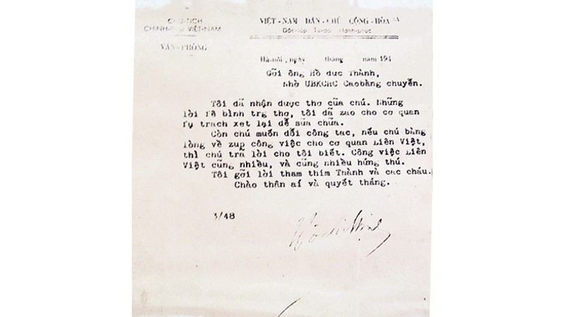 Thư Chủ tịch Hồ Chí Minh gửi cụ Hồ Đức Thành (tháng 3/1948). Tư liệu gia đình