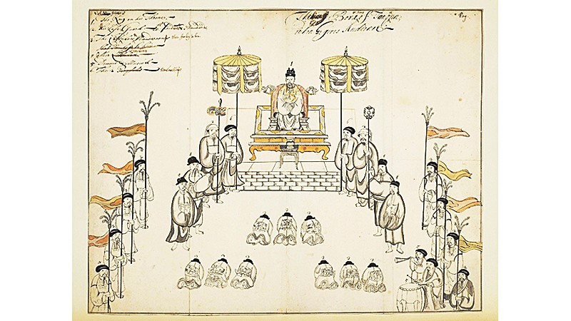 Lễ thiết triều của Vua Lê Hy Tông trong sách của Samuel Baron.