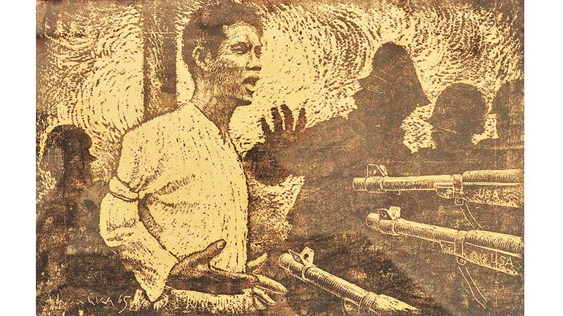 Tranh khắc gỗ “Anh Nguyễn Văn Trỗi” của họa sĩ Hoàng Đạo Khánh.