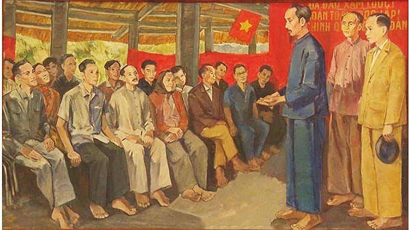 Chủ tịch Hồ Chí Minh nói chuyện với đại biểu Đại hội Quốc dân Tân Trào. Tranh sơn dầu của họa sĩ Cao Thương